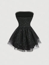 1pc Black Glitter Tube Top Mesh Patchwork Women Party Dress